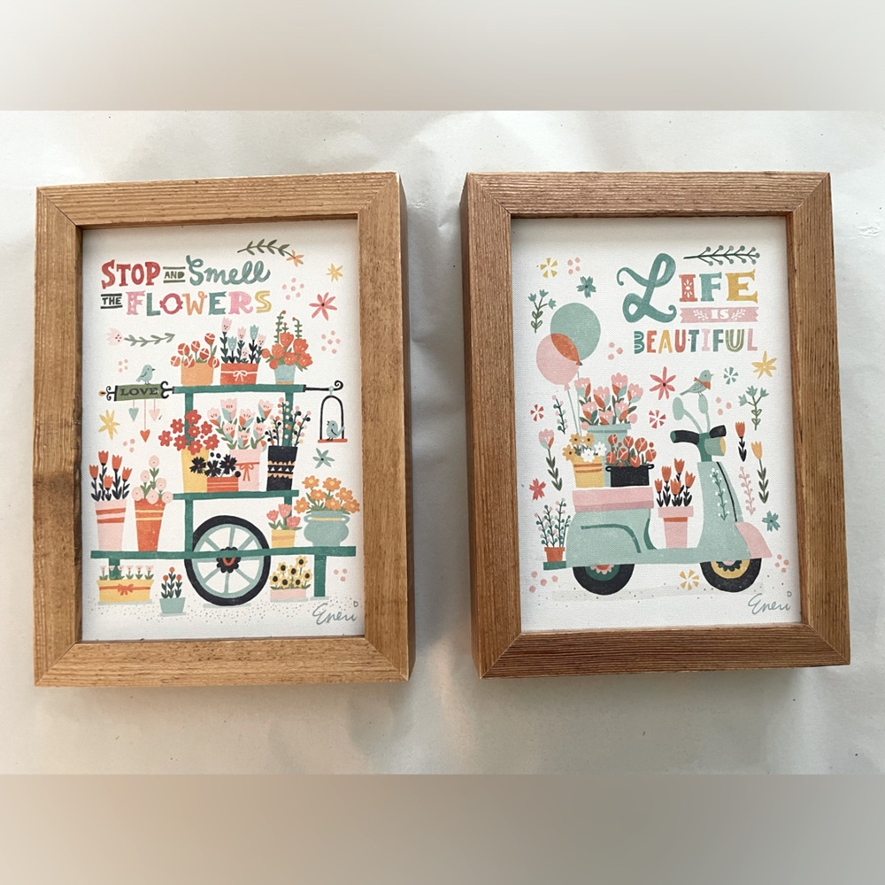 2 matching flower cart and scooter prints framed, life is beautiful, so fun!!
